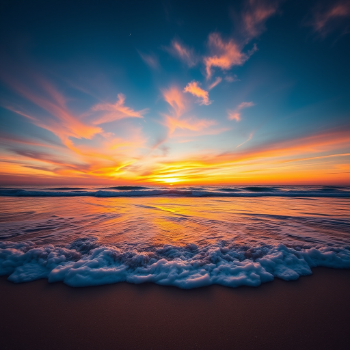 Capture a stunning sunset over a serene beach with waves gently crashing on the shore, using a DSLR camera with a 24mm lens, f/11 aperture, ISO 100, and a shutter speed of 1/200 sec, in a wide-angle view to highlight the vibrant colors in the sky and reflections on the water.
