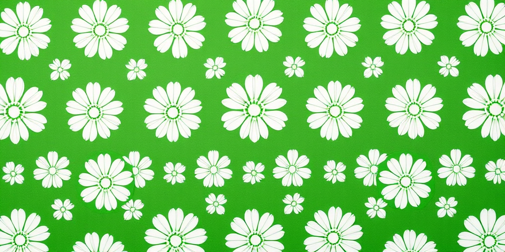 Create a repeating pattern of white floral designs on a vibrant green background, captured with a Canon EOS R6, 50mm lens, f/2.8 aperture, ISO 100, in a flat lay view to enhance depth and clarity.
