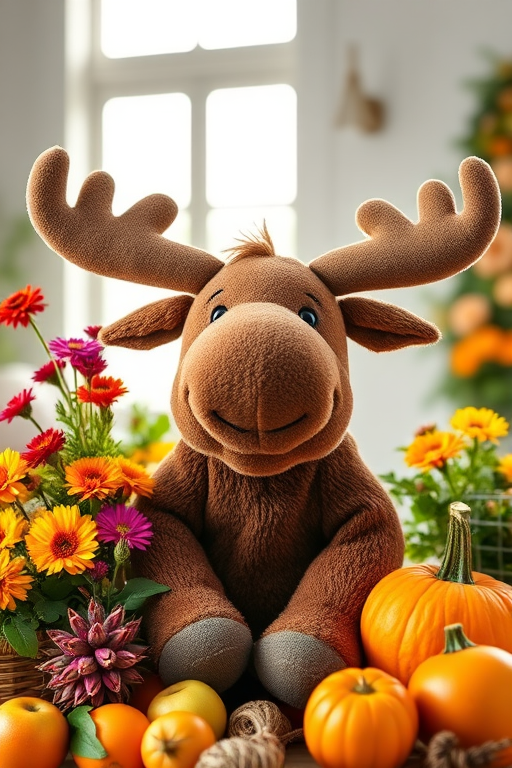 Create an image of a friendly stuffed moose with large antlers, surrounded by colorful flowers and fresh fruits like apples, pumpkins, and oranges, in a bright indoor setting with natural light streaming through a window, shot with a DSLR camera, 50mm lens, aperture f/1.8, ISO 200, in a macro style for enhanced detail.
