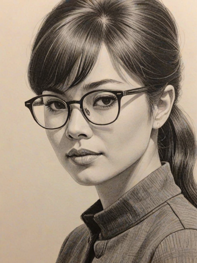 Beauteous Cathy Ang, pencil sketch, portrait of Superb woman 1960s in glasses, hair style beatnik, outline, clear lines, fine lines, 8k