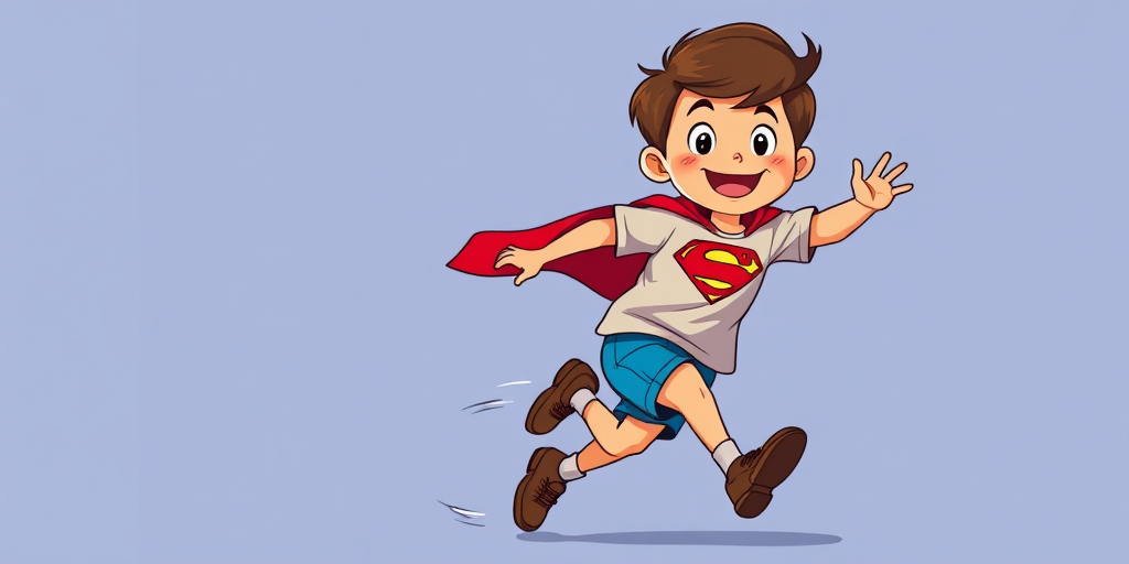 Create an animated illustration of a cheerful child running, wearing a superhero t-shirt with a red emblem, blue shorts, and brown shoes, using vibrant colors and dynamic motion lines, in a comic style, with a 50mm lens, f/2.8 aperture, and soft focus background for enhanced depth.