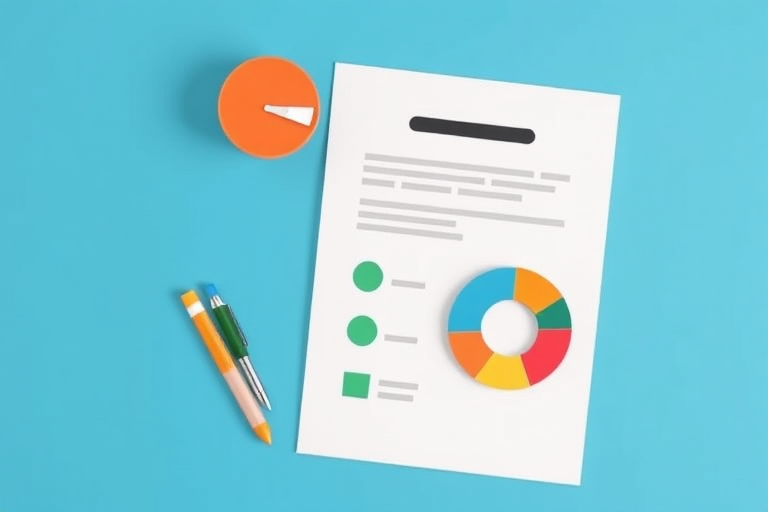 create a digital illustration of a stylized document with pie chart elements on a blue background, using a 50mm lens, f/2.8 aperture, ISO 100, shot from a top-down perspective, in a flat design style to enhance colors and clarity