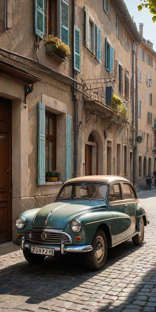 Sharp, detailed photo of a vintage car parked on a cobblestone street in a European village, soft sunlight reflecting off the chrome details, distant buildings with colorful shutters lining the street, the smell of fresh bread from a nearby bakery lingering in the air.