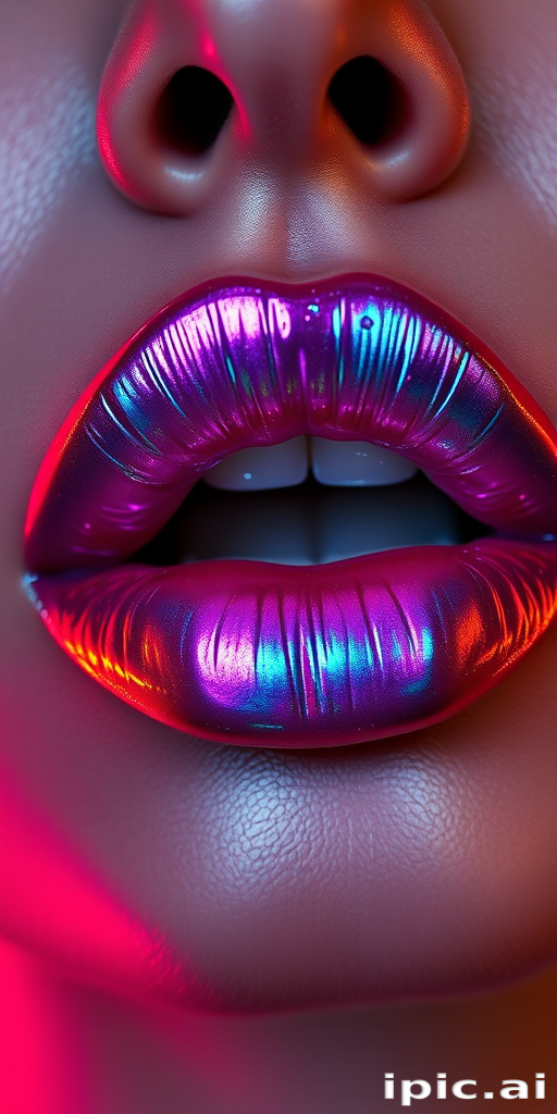 Daring woman lips adorned with holographic iridescent lipstick, shifting colors in the light, futuristic and avant-garde, pushing beauty boundaries