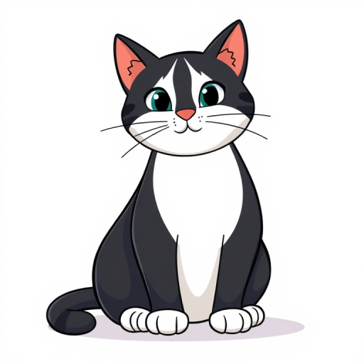 Generate a cartoon illustration of a sitting black and white cat, centered on a plain white background, using a DSLR camera with a 50mm lens, aperture f/4, ISO 100, shot from eye level and in a colorful, playful style.
