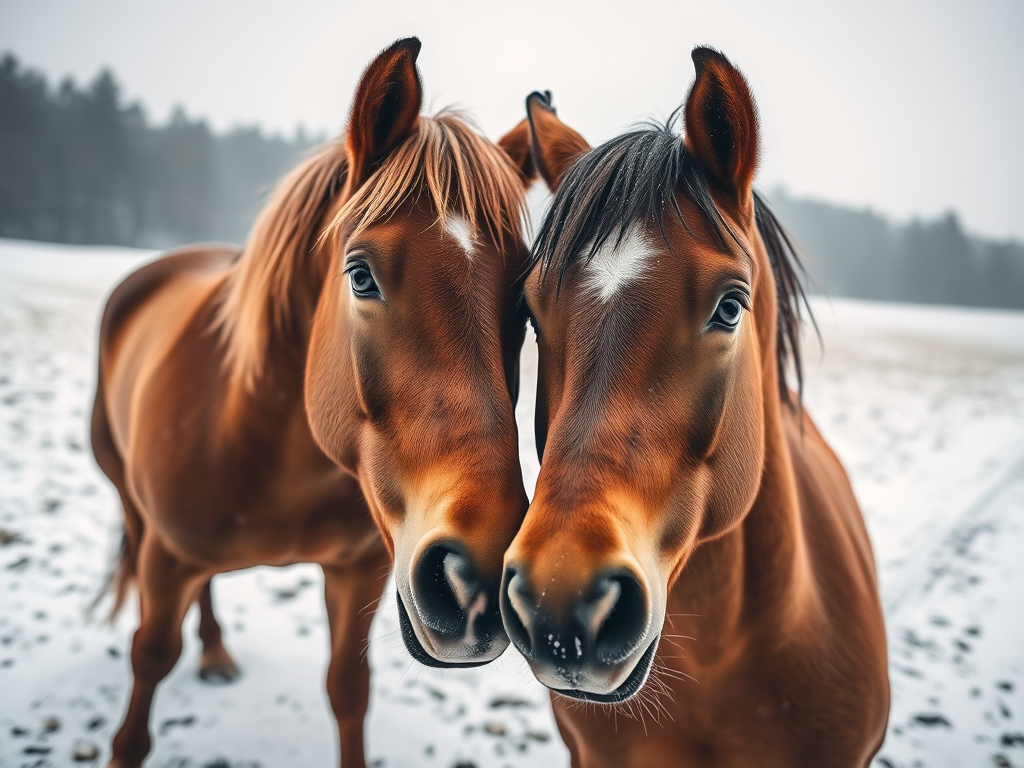 A close-up shot of two brown horses touching noses in a snowy field during overcast weather, with a shallow depth of field, 50mm lens, aperture f/1.8, ISO 200, shutter speed 1/200s, DSLR camera.