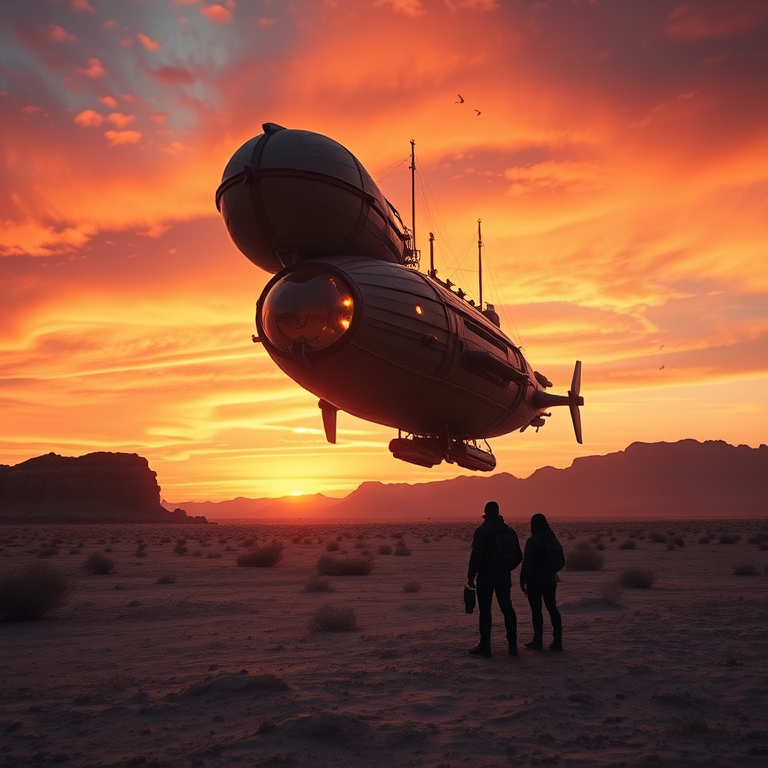 Create a high-resolution digital artwork of a futuristic steampunk airship launching from a dry, rugged landscape at sunset, with two silhouetted figures in the foreground, using a Canon EOS R5, 35mm lens, f/8 aperture, ISO 100, shot from a low angle to emphasize the scale of the airship and capturing vibrant colors in the sky.