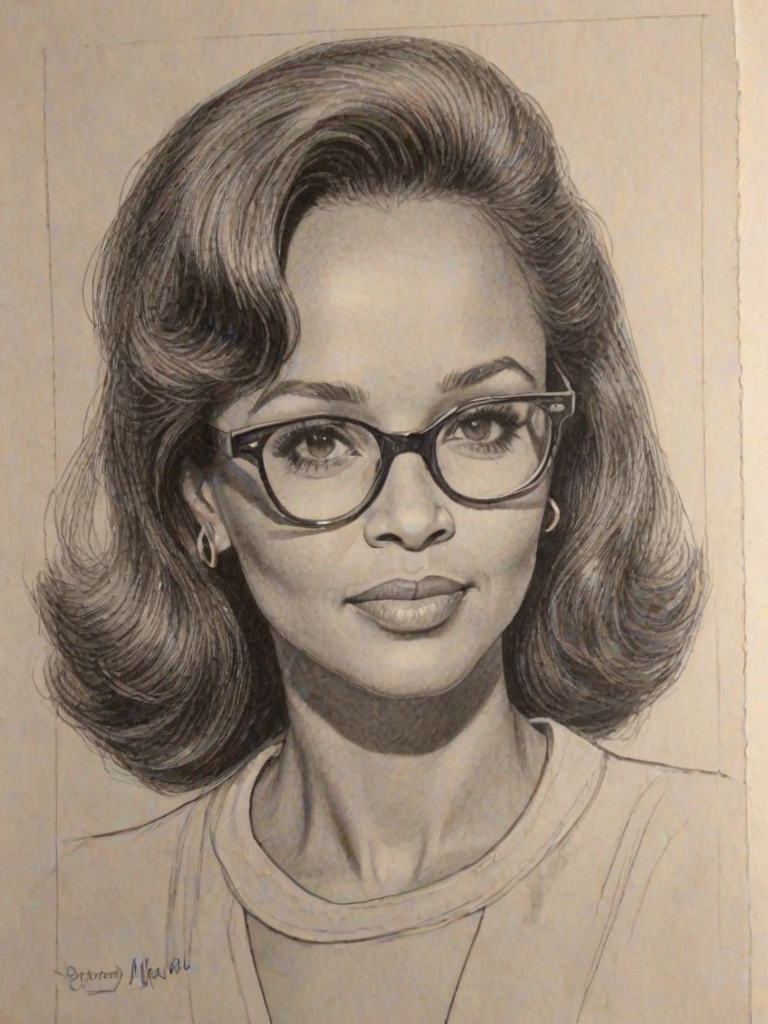 Alluring Daphne Maxwell Reid, pencil sketch, portrait of Comely woman 1966s in glasses, hair style beatnik, outline, clear lines, fine lines, 8k