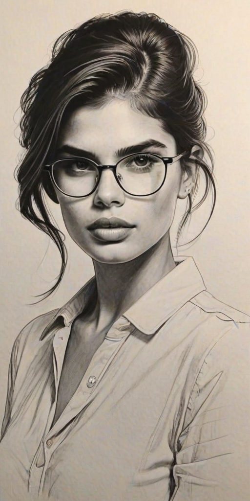 Lovely Sara Sampaio, pencil sketch, portrait of Enchanting woman 1963s in glasses, hair style beatnik, outline, clear lines, fine lines, 8k