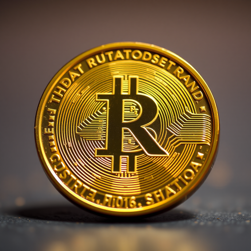 Create an image of a shiny gold coin featuring a prominent ruble symbol in the center, shot from a low angle with a macro lens, f/2.8 aperture, 1/200 sec shutter speed, and a DSLR camera, with a soft focus background to enhance detail on the coin.