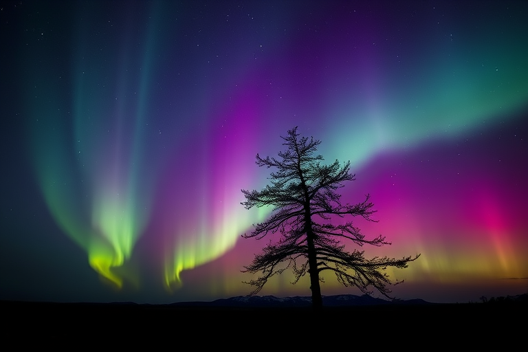 capture a silhouette of a solitary tree against a vibrant aurora borealis with shades of purple and green, nighttime setting, use a Canon EOS R5, aperture f/2.8, ISO 800, shutter speed 15 seconds, landscape orientation, long exposure photography