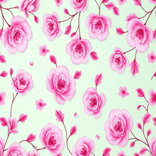 create a seamless floral pattern with pink swirls on a light mint background, using a Canon EOS 5D Mark IV, 50mm lens, f/2.8 aperture, ISO 100, soft lighting, and a top-down view to enhance detail and color vibrancy.