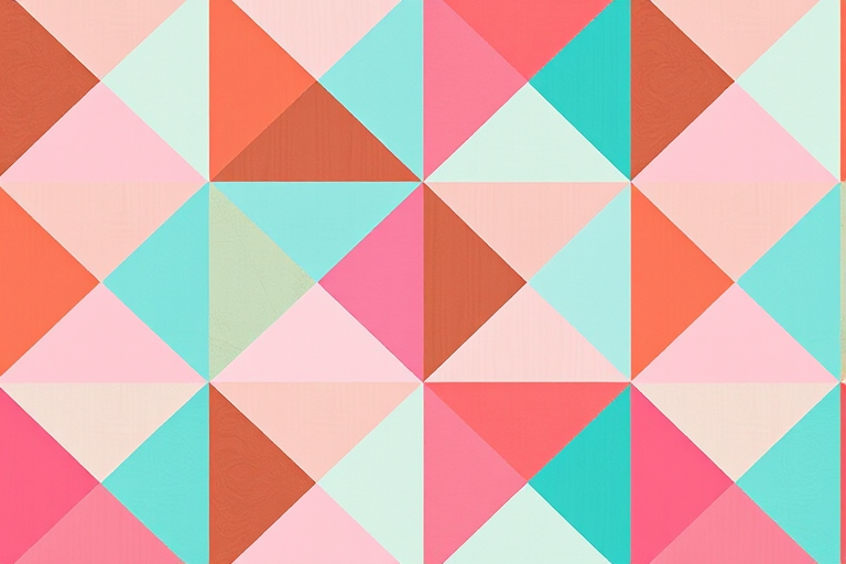 Create a vibrant geometric pattern featuring colorful triangular shapes in shades of teal, pink, brown, and white, with a soft focus effect using a DSLR camera at f/4 aperture, 35mm lens, 1/125 sec shutter speed, and natural light for enhanced clarity and depth.