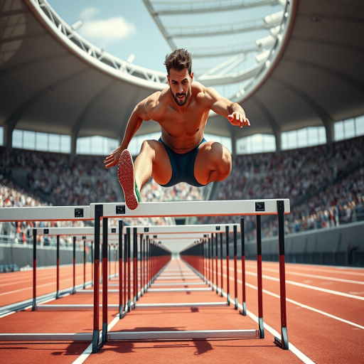 Create a dynamic image of a male athlete leaping over a set of hurdles on a running track during a sunny day, with a focus on muscle definition and determination in his expression, captured with a DSLR camera at f/2.8, 1/1000s, ISO 100, using a wide-angle lens at eye level to highlight the stadium crowd in the background and enhance the vibrant lighting.