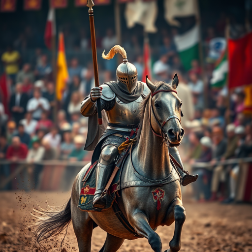 capture a medieval knight on horseback charging with a lance, in a vibrant jousting scene, using a DSLR camera, 50mm lens, f/2.8 aperture, ISO 200, 1/1000 shutter speed, shot from a slightly low angle for dramatic effect, focus on the knight with a blurred crowd in the background to enhance depth and detail