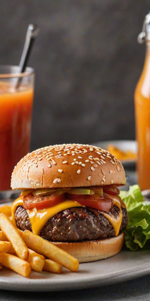 High-resolution, close-up image of a gourmet double cheeseburger. The burger features a glossy, sesame-seed-topped brioche bun. Inside, there are two thick, juicy beef patties, each topped with melted cheddar cheese. The burger is garnished with fresh lettuce, tomato slices, diced onions, and pickles. A generous amount of ketchup and a creamy, orange-colored sauce is dripping down the sides, adding to the mouth-watering appeal. In the background, there are blurred elements including a side of golden French fries and a hint of a beverage, enhancing the overall presentation of a delicious meal.