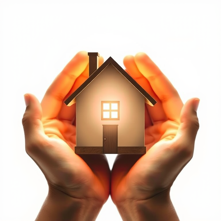 Create an ethereal image of a house encapsulated in glowing hands, soft focus, 50mm lens, f/1.8 aperture, ISO 100, natural lighting, against a white background, capturing a sense of protection and warmth.