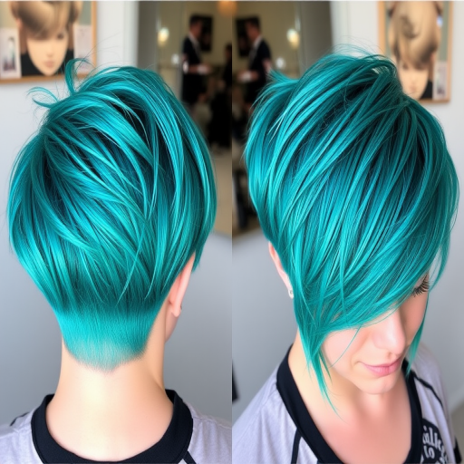 Vibrant teal pixie cut called "Mermaid's Whisper" featuring shimmering highlights and choppy layers, styled with a messy texture and subtle undercut for added edge