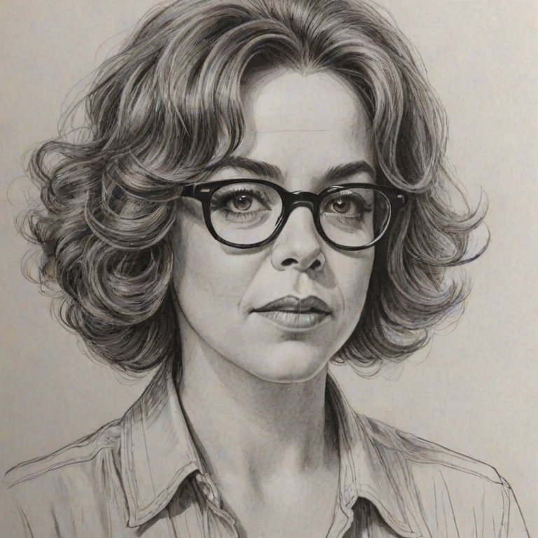 Exquisite Stockard Channing, pencil sketch, portrait of Pleasing woman 1927s in glasses, hair style beatnik, outline, clear lines, fine lines, 8k