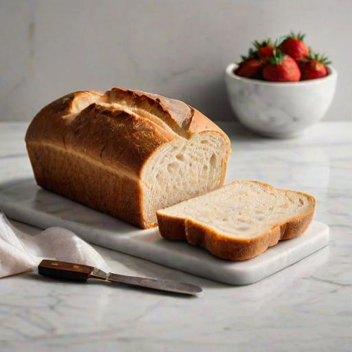 Generate an image of a freshly baked loaf of soft, fluffy bread with a golden-brown crust. The loaf is sliced in half to reveal its light, airy interior. Place a few fresh strawberries beside the bread on a marble countertop.