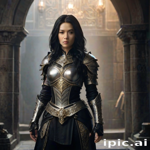 Create a photo of a fierce female warrior with long black hair, wearing an ornate, metallic armor. The armor includes a breastplate with intricate designs, shoulder guards, and gauntlets. The breastplate is decorated with a central emblem, possibly representing a mythical symbol, and has a sculpted, form-fitting design. She wears a belt with a large skull ornament at the center, and her armor extends into a partial skirt, revealing one leg. The overall look is both protective and stylish, with a dark, gothic aesthetic. The background is dimly lit, suggesting a medieval or fantasy setting, enhancing the warrior's imposing presence and intense expression.