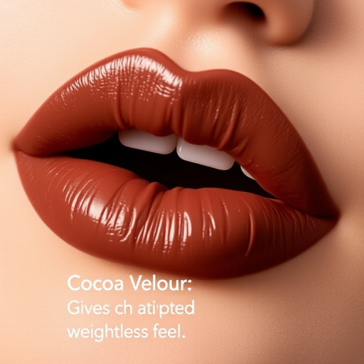 Rich chocolate brown "Cocoa Velour" lip mousse with a whipped, airy texture, providing full coverage and a comfortable, weightless feel