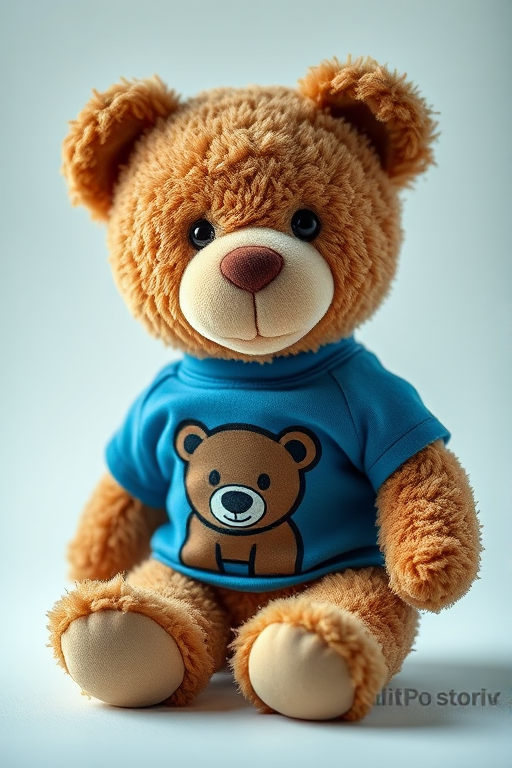 A cute teddy bear wearing a blue t-shirt with a bear design, soft lighting, shallow depth of field, 50mm lens, f/1.8 aperture, ISO 100, studio background.