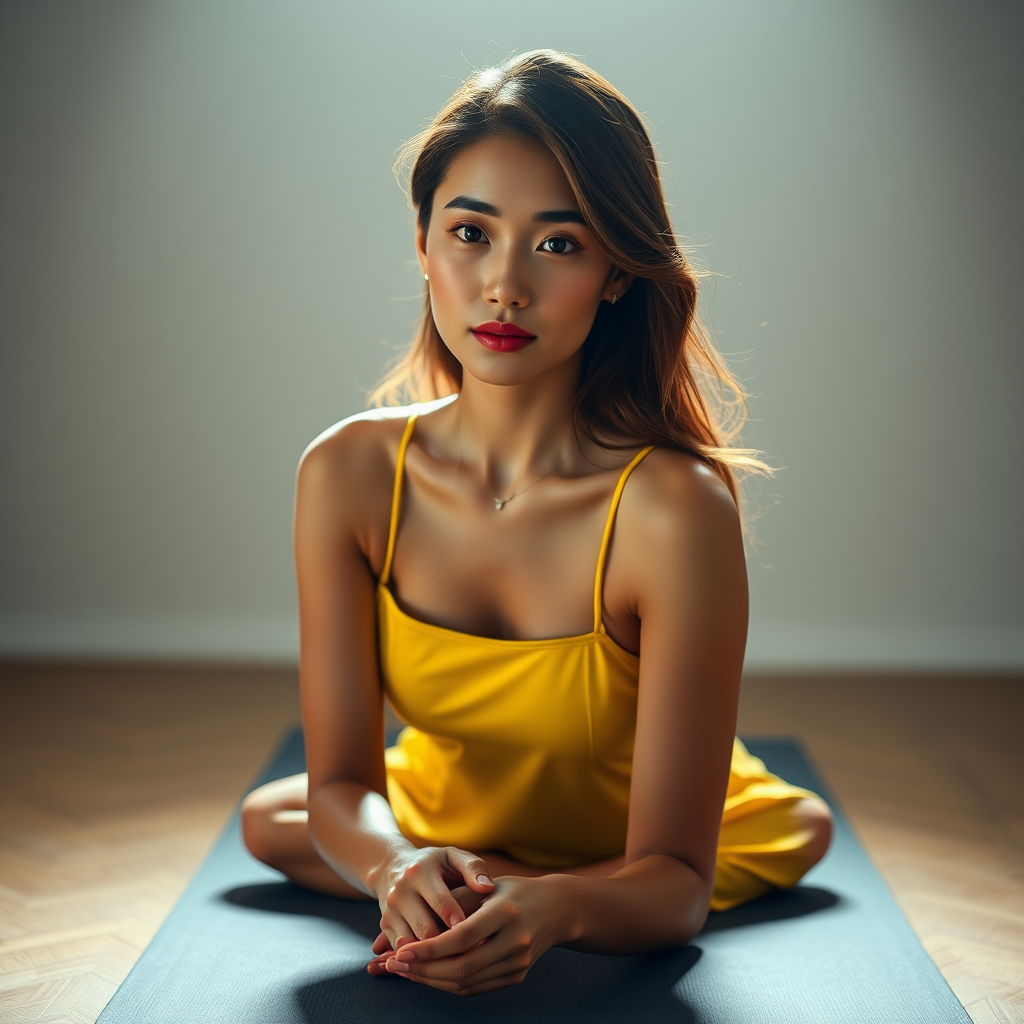 Resplendent photo of woman:Chinese:0.4, highlight hair, wearing Banana dress, sitting on Yoga mat, rim lighting, studio lighting, looking at the camera, dslr, ultra quality, sharp focus, tack sharp, dof, film grain, Fujifilm XT3, crystal clear, 8K UHD, highly detailed glossy eyes, high detailed skin, skin pores