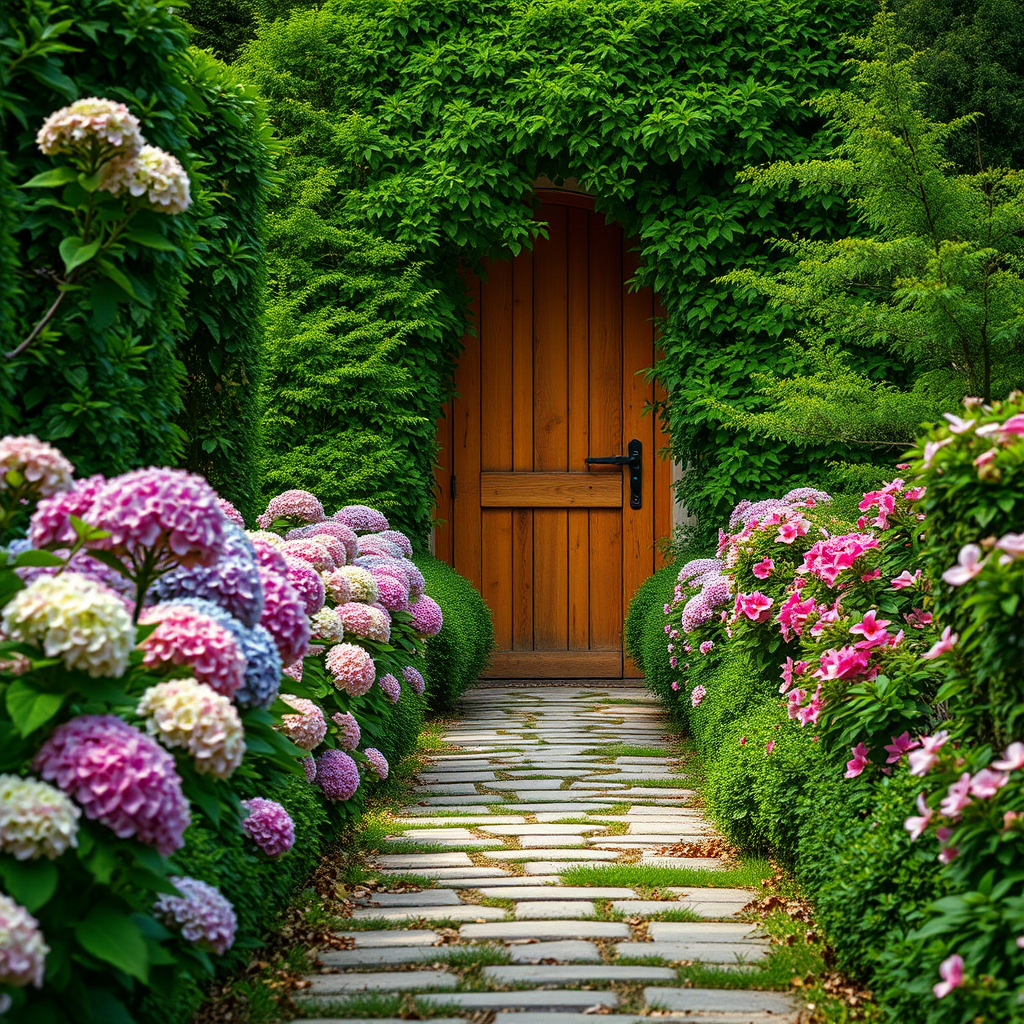pathway lined with blooming hydrangeas and azaleas leading to a wooden door framed by lush greenery, photographed with a DSLR camera at f/5.6, ISO 200, 24mm lens, natural light, landscape orientation