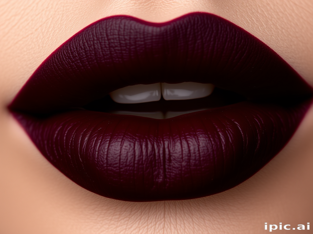 Deep burgundy lips with matte finish, precise edges and defined corners, rich and intense pigmentation, sultry and mysterious Midnight Wine Velvet look