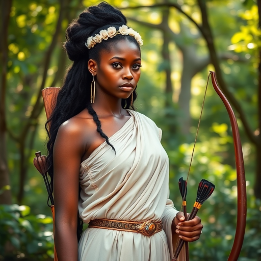 Create a portrait of a goddess-like Xhosa girl figure in a tranquil, forested environment. She has an elegant appearance with long, wavy hair styled in an updo and adorned with a delicate, floral headband. She wears a flowing, ancient Greek-inspired gown in a soft, pale color, featuring a one-shoulder design and draped fabric that accentuates her graceful form. The outfit includes a decorative belt with ornate gold detailing, and she holds a bow in her hand, with a quiver of arrows slung over her shoulder. The background depicts lush greenery, with sunlight filtering through the trees, casting a gentle, ethereal light on the scene. Her expression is calm and contemplative, embodying a sense of wisdom and serenity.