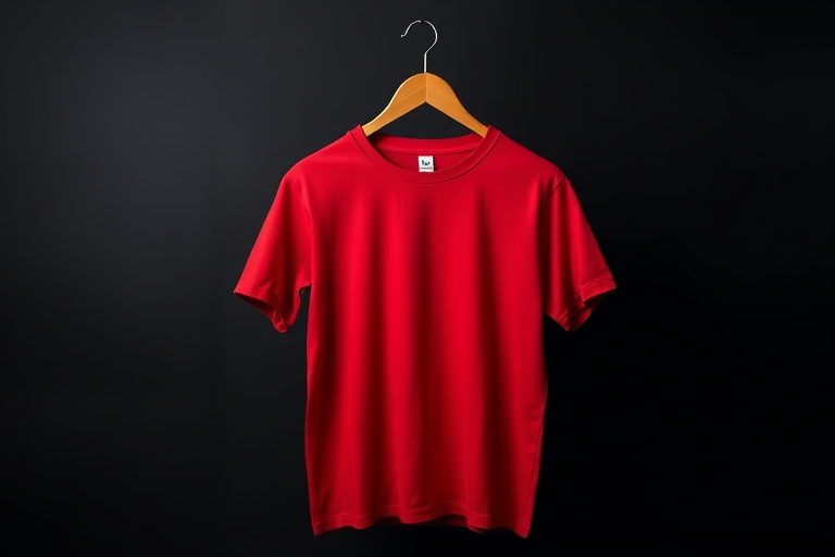photograph of a plain red t-shirt hanging on a wooden hanger against a dark background, soft studio lighting, ISO 100, f/2.8 aperture, 50mm lens, shallow depth of field, DSLR camera