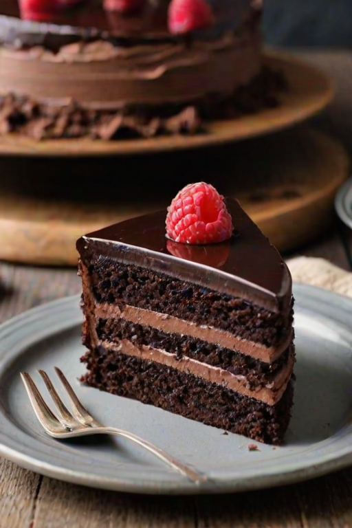 Create an image of a slice of layered chocolate cake on a rustic plate. The cake should feature distinct layers of rich dark chocolate, creamy chocolate mousse, and a raspberry filling, all topped with a glossy chocolate ganache. The background should be softly blurred to highlight the cake, and there should be a few crumbs on the plate for added texture.