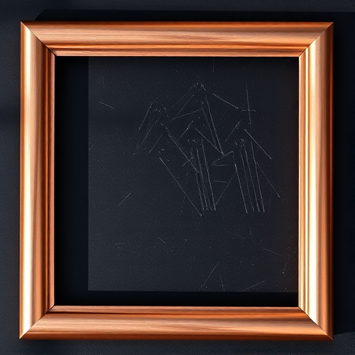 Create a high-resolution image of a glossy, square copper frame on a dark background using a DSLR camera with a 50mm lens, aperture f/1.8, shutter speed 1/125 seconds, ISO 200, top-down view, natural lighting.