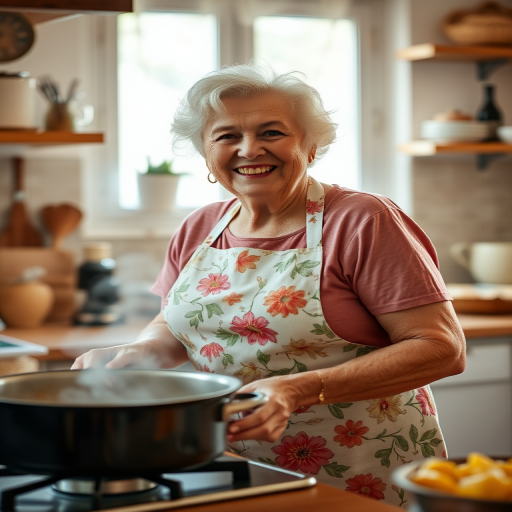 A joyful elderly woman in a floral apron, cooking in a cozy kitchen with steam rising from a pot, soft natural lighting, Canon EOS R5, 50mm lens, f/1.8, ISO 200, 1/100 sec, high dynamic range, warm color palette, shallow depth of field.