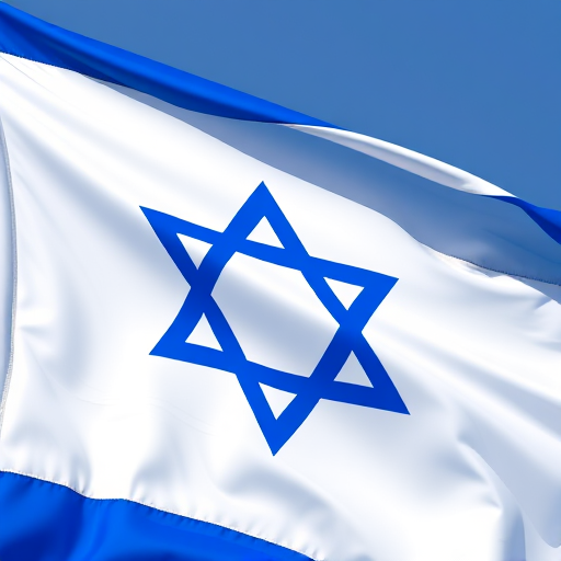 Create a high-resolution image of the Israeli flag with a clear blue and white color scheme, captured with a DSLR camera at 50mm focal length, f/8 aperture, ISO 100, in bright daylight, with a slight overhead view.