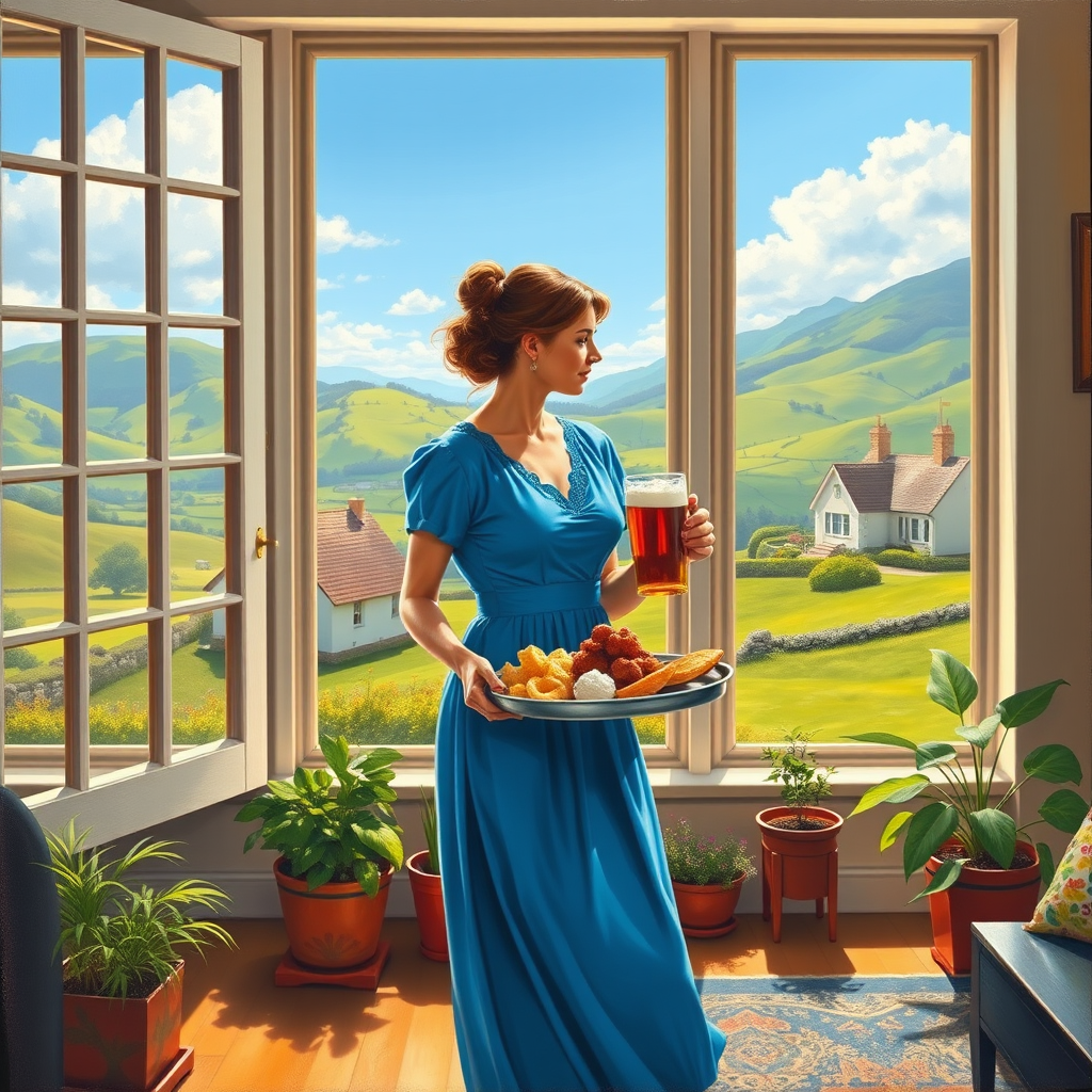 In "A Glass of Beer on the Highland," a serene scene is depicted in a sunlit room where a woman in a vibrant blue dress stands by a large window. She holds a tray with a hearty meal and a frothy glass of beer, embodying a moment of relaxation. Outside, the breathtaking highland landscape features rolling green hills and a charming traditional house, all bathed in warm afternoon light. The interior is adorned with potted plants, creating a harmonious blend of comfort and nature. The painting beautifully captures the tranquility and joy found in simple pleasures amidst stunning scenery