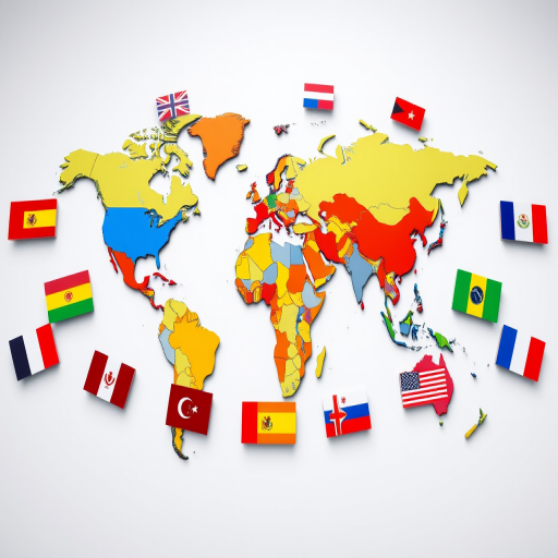 Create a high-resolution digital artwork of a world map with vibrant flags representing different countries arranged around it, using a Canon EOS 5D Mark IV camera, set with an aperture of f/8, shutter speed 1/200 sec, and ISO 100, in a wide-angle view with bright, vivid colors for enhanced visual appeal.