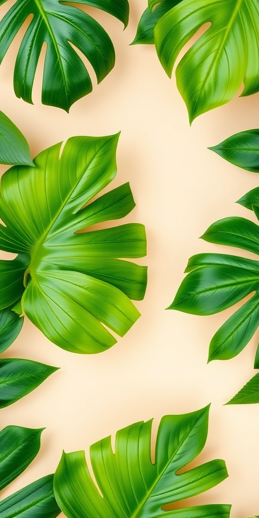 Create a high-resolution tropical leaf pattern with vibrant green foliage on a light beige background, using a Canon EOS R, 50mm lens, aperture f/2.8, ISO 100, shot in macro view to enhance details and textures.