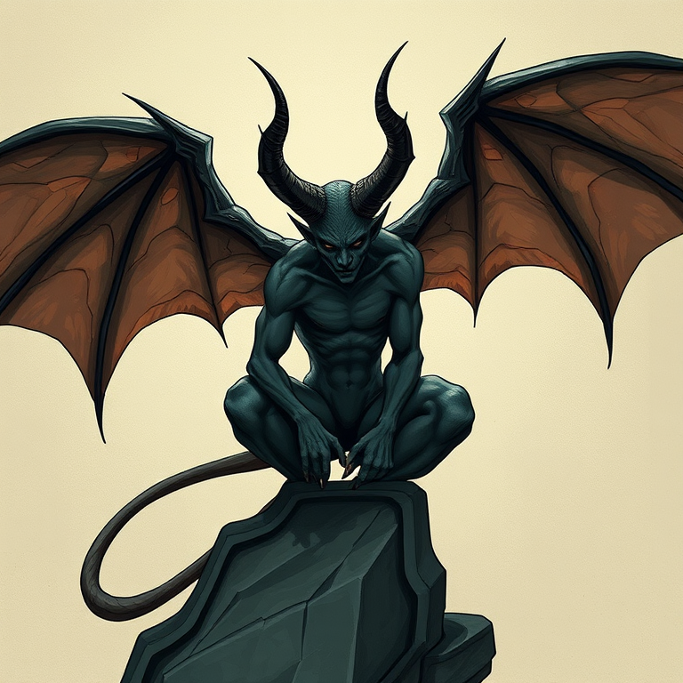Create a high-resolution illustration of a demon with bat-like wings, perched as if ready to take flight, using a DSLR camera with a 50mm lens, aperture set to f/1.8, ISO 100, 1/200s shutter speed, shot from a low angle to emphasize the figure's presence, in a dark fantasy art style.