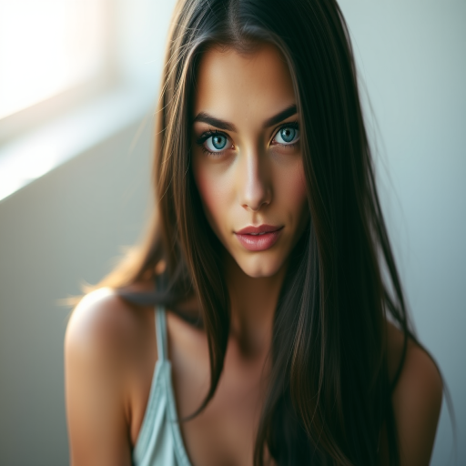 portrait of a young woman with long dark hair and striking blue eyes, soft natural light, shallow depth of field, 85mm lens, f/1.8, ISO 100, DSLR, studio setup