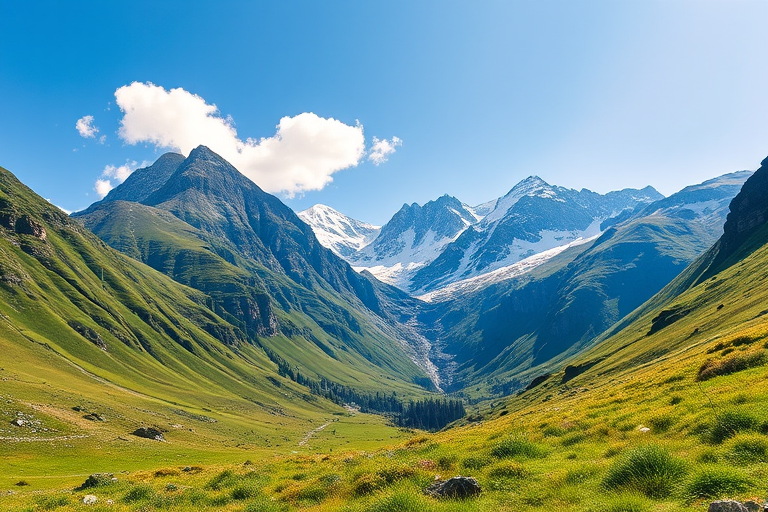 regenerate a mountain landscape with lush green hills, towering snow-capped peaks in the background, a clear blue sky with a few fluffy clouds, focus on the contrast between the rocky cliffs and the vibrant meadows, captured with a DSLR camera at f/8 aperture, ISO 100, 25mm focal length, in bright daylight from a low angle view to emphasize the vastness of the scene
