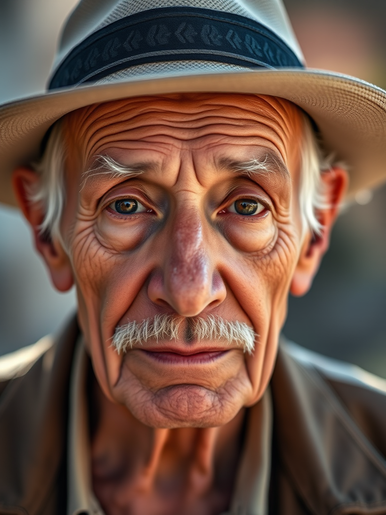 portrait of an elderly man with a hat, natural lighting, shallow depth of field, f/1.8, ISO 100, 85mm lens, taken with a DSLR camera, focused on the eyes, softly blurred background, high-resolution image