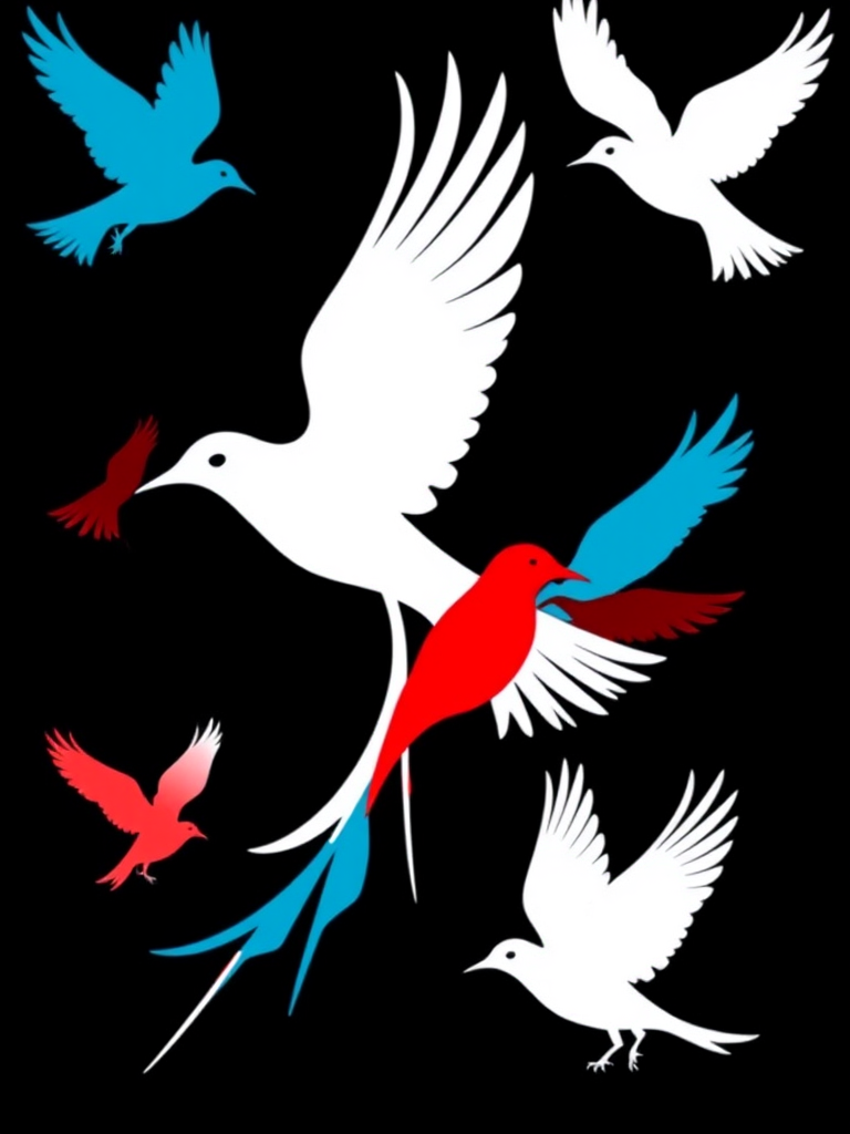 Create a high-resolution vector image featuring stylized bird silhouettes in red, white, and cyan arranged in a dynamic flow with a black background, using a DSLR camera style, aperture f/8, ISO 100, 24mm lens, with a focus on vibrant colors and sharp contrasts.