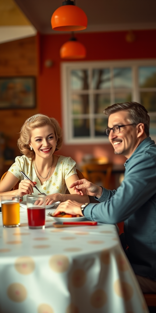 A retro 1950s couple enjoying a meal at a cheerful dining table, rich colors, vivid details, soft natural lighting, shallow depth of field, 50mm lens, f/2.8 aperture, DSLR camera, high-resolution imagery, warm tones.