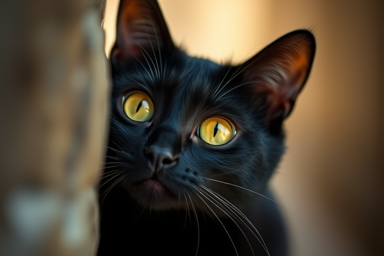capture a close-up of a black cat with striking yellow eyes peeking from a narrow opening in natural light, using a DSLR camera with a 50mm f/1.8 lens, aperture at f/1.8, shutter speed 1/200s, ISO 100, shallow depth of field for a soft background blur