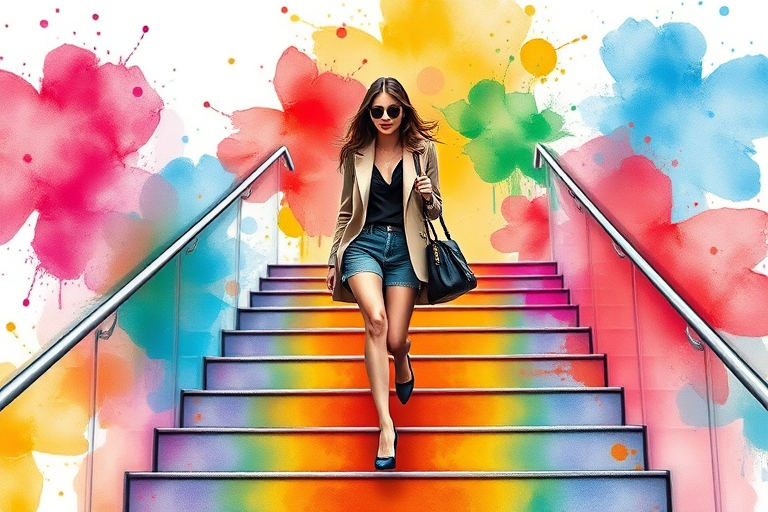 Create an illustration of a fashionable woman walking up a colorful, abstract staircase with vibrant watercolor splashes in the background, shot using a DSLR camera with a 50mm lens at f/1.8, ISO 100, and soft lighting for enhanced quality and detail.