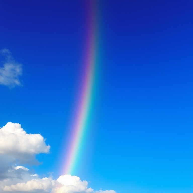 Create a vibrant digital illustration of a rainbow with six distinct colors spanning across a clear blue sky, flanked by fluffy white clouds, using a Canon EOS R5 camera with a 50mm lens at f/8 aperture, ISO 100, in a straight-on view, with high dynamic range and vivid color settings.