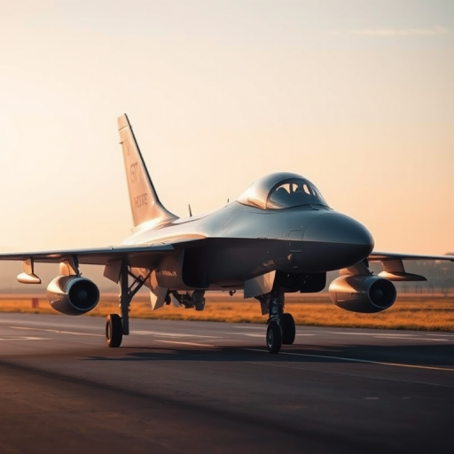 Capture a high-resolution image of a silver military jet on a runway with a soft morning light, using a DSLR camera with a 50mm lens, aperture set to f/2.8, ISO 100, shutter speed of 1/500 sec, and a shallow depth of field to enhance the jet's details against a blurred background.