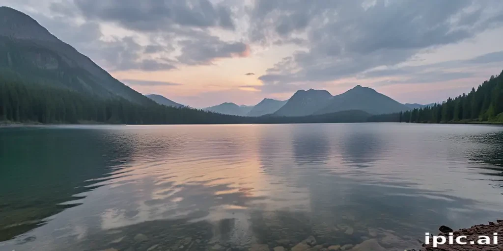Tranquil Sunrise Over Serene Lake Surrounded by Majestic Mountains and ...